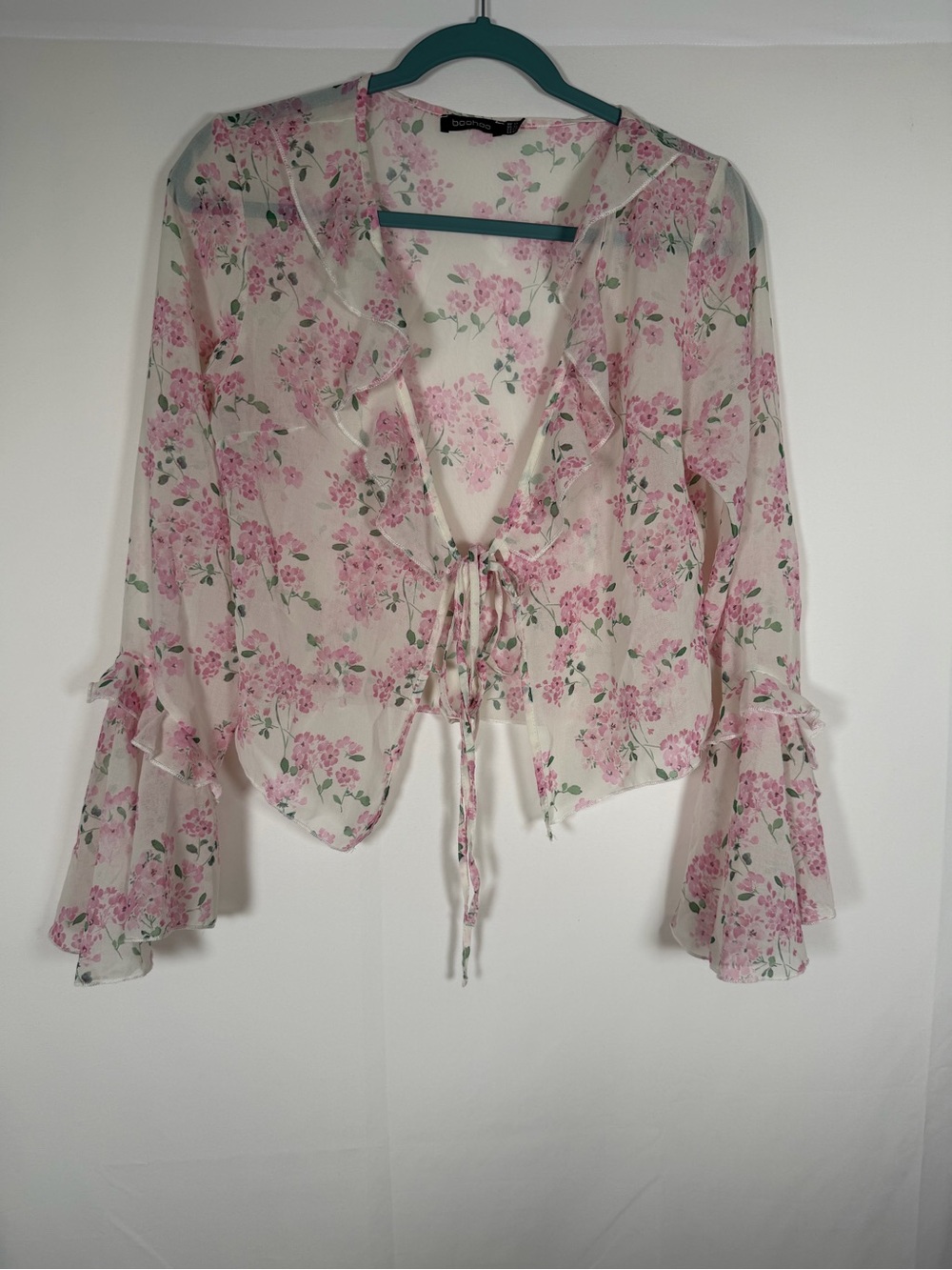 Sheer Fairy Dainty Ruffle Pink Floral Flare Sleeve Tie-Front Cutaway‎ Blouse